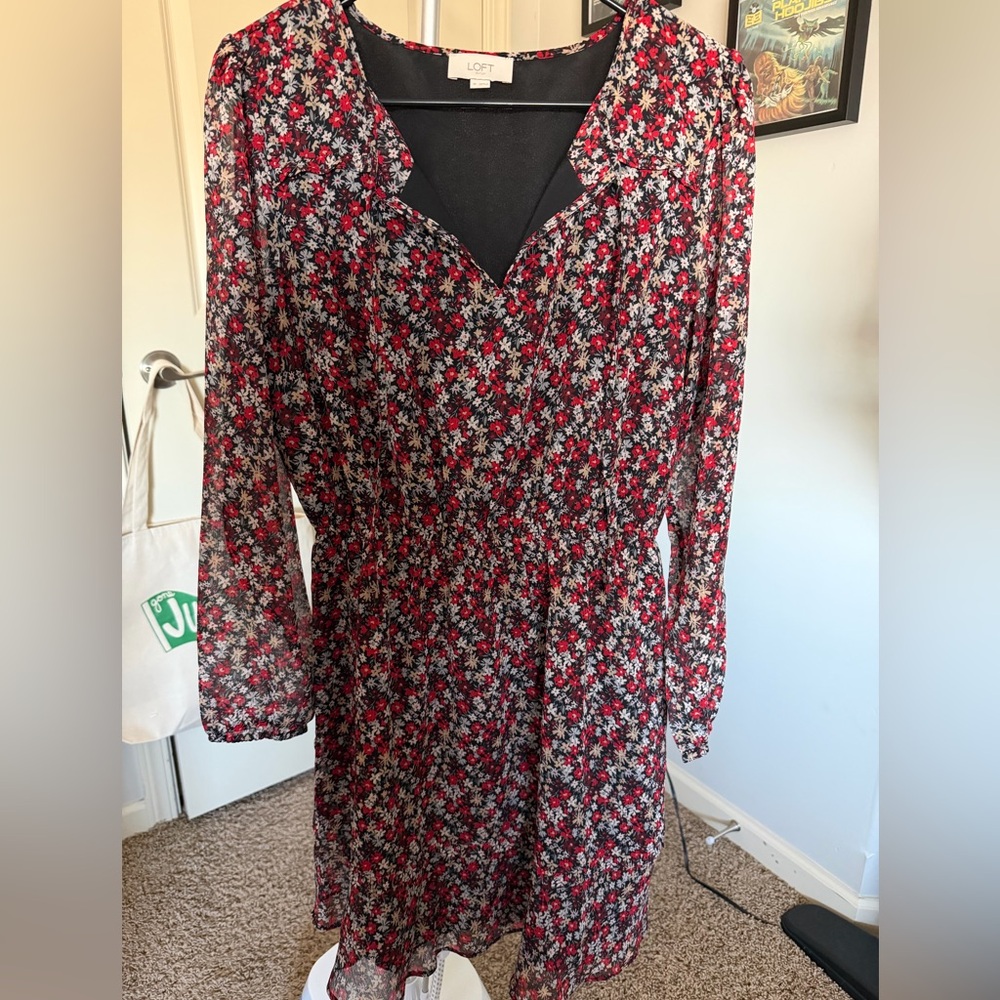 LOFT Long Sleeve Floral Dress - Red and Black